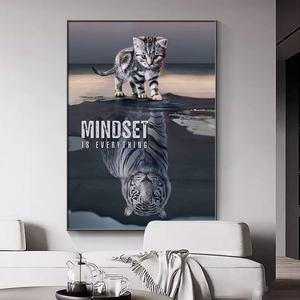 Peinture murale moderne personnalisée pour salon, chat et tigre, animal, peinture en porcelaine cristalline, impression HD, décoration, peinture avec lumière LED - Product Image 2