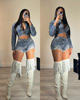 Setelan Denim Dua Potong untuk Wanita: Jaket Denim Kasual Musim Panas dan Celana Pendek dengan Hiasan Berlian Imitasi