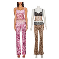 Nouveautés 2026 : Ensemble Crop Top et Pantalon Long en Dentelle Imprimée Léopard Transparente pour Femme, Style Y2K Streetwear
