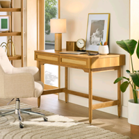 Combohome Surface solide en bois rotin bureau bureau blanc ordinateur bureaux à domicile avec étagère Table d'étude en bois