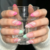 24 faux ongles roses et verts à presser, forme amande, réutilisables en ABS, avec colle, pré-conçus, longueur moyenne, pour peaux claires