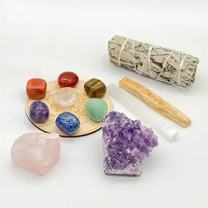 Crystals and Healing Stones Kit 7 Chakra Tumbled Stones Rose Quartz Amethyst Cluster Selenite Wand Palo Santo Stick Sage Set