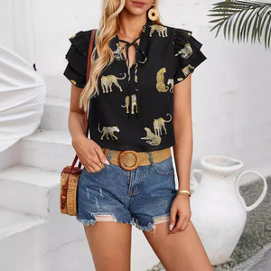 2025 nouvelles femmes délicieusement conçu décontracté été col en v haut incroyablement polyvalent respirant Polyester Lotus manches non tissé - Product Image 4