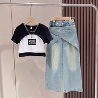 Nouvel Ensemble Deux Pièces T-Shirt et Jean Style Décontracté d'Été pour Filles, Tissu Coton Tendance, Modèle Bébé à la Mode et au Style Étranger