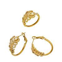 Bague et boucles d'oreilles en acier inoxydable plaqué or sans ternissement, incrustées de zircon en forme de plume, bijoux de luxe tendance pour femmes, vente en gros