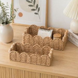 Rattan Desktop Storage <b>Basket</b> Rectangle With Handle For Bathroom Towel And Toilet Paper Organization - Product Image 4