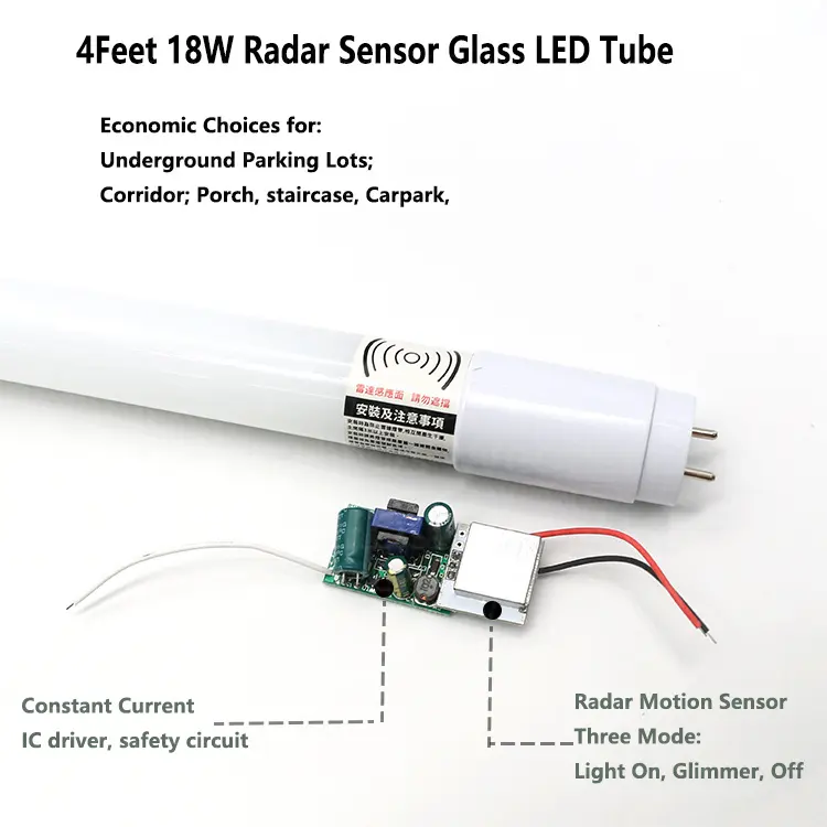 Parking Lots Motion Detection Lamp Microwave Sensor PC Sensor LED Tube Light On Dim 1200mm 18W LED T8 Tube Sensor