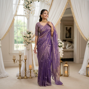 AARA Fashion Purple Silk <b>Saree</b> <b>Golden</b> Embroidery Traditional Indian Wedding Wear for Women Floor-Length Regular Fit Sun - Product Image 1