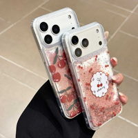 Casing HP INS Creative Design Cute Cherry Liquid Quicksand dengan Tali Gantungan untuk iPhone 17 16 ProMax 15, Anti Benturan