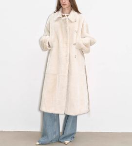 Hot <strong>Sales</strong> Winter Women Long <strong>Coat</strong> Soft Merino <strong>Sheepskin</strong> Luxury Real Wool Fur <strong>Coat</strong> With Belt - Product Image 4