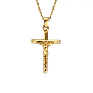 高品质宗教饰品18k镀金不锈钢基督教耶稣十字架男士吊坠项链
