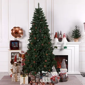 Outdoor 7ft Slanke Metalen Stand Kunstmatige Kerst Naald Dennenbomen Met Dennenappel En Rode Bes Voor Huisdecoratie