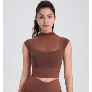 Women's Mesh <b>Mock</b> <b>Neck</b> 2 in 1 Yoga <b>Top</b> Built-in Bra Crop <b>Top</b> High Stretch Athletic T Shirt Slim Fit Sports Pilates Shirt OEM ODM - Product Image 1
