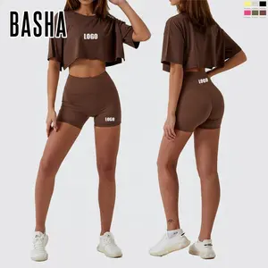 BASHAsportsEnvironmentally friendly regeneration sports short sleeve smock nude sense high waist Yoga shorts hip-lifting tight s