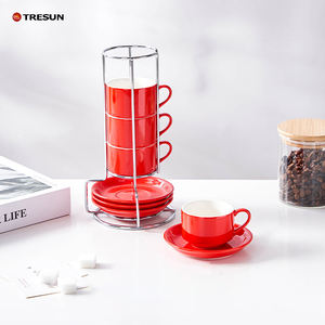 Tazas de Espresso de Cerámica Personalizadas con Platos, Tazas de Capuchino Apilables de 5 oz con Soporte Metálico para Café, Latte y Té, Juego de 4 - Product Image 4