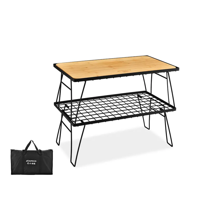 Hispeed mesa de malha de ferro dobrável, conveniente, equipamento de acampamento, placa de bambu, piquenique, mesa de churrasco