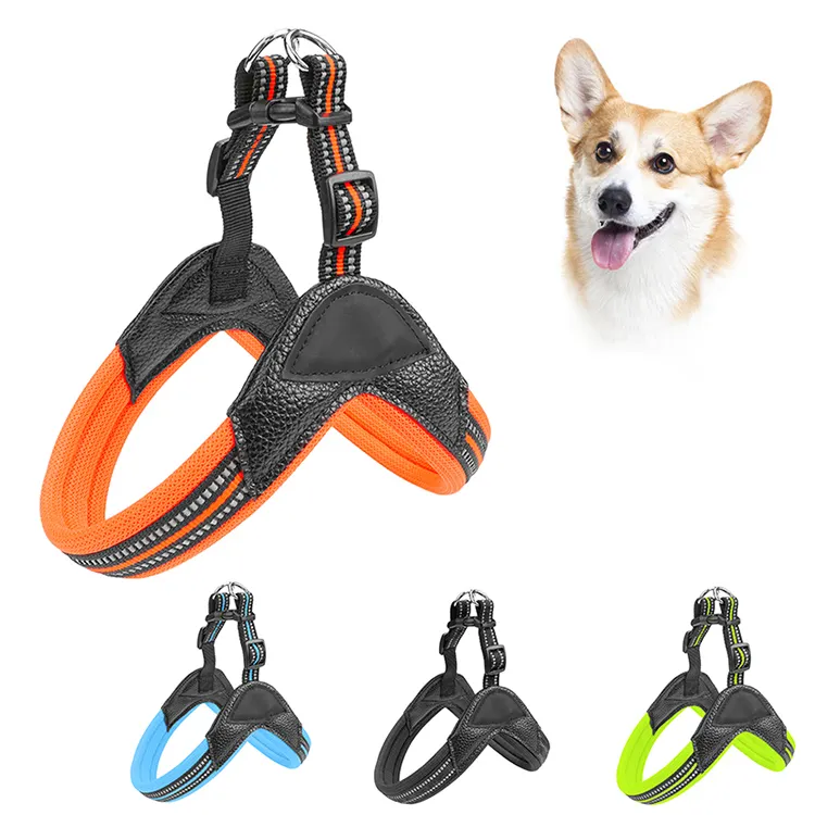 Personalized Custom Adjustable Nylon Leather Pet Harness SafetyBreathable Reflective Dog Harness