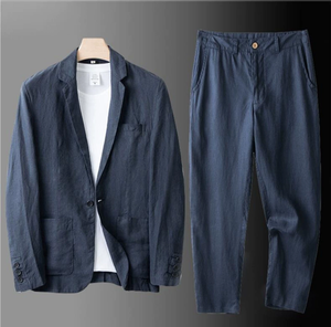 Set 2 Pezzi Casual da <span class=keywords><strong>Uomo</strong></span> in Cotone e Lino, Giacca e Pantaloni con <span class=keywords><strong>Bottoni</strong></span>, Produzione OEM/ODM 2026 - Product Image 4