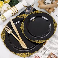 Ensemble de vaisselle jetable de luxe vintage en plastique noir avec bordure dorée en relief, sans BPA, pour fêtes et mariages, 175/350/700 pièces