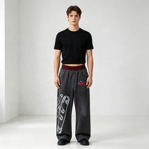 Bulk Custom Digital Print Vintage <b>Wash</b> Double Layered Waistband Sweatpants Casual Flat Embroidery 100% Cotton Baggy Men's Pants - Product Image 3