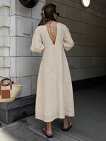 Robe midi décontractée style français, col en V, dos nu, dentelle, boutons, coton et lin, pour le printemps/été 2025