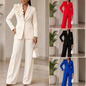 Completo da Donna D647 per Ufficio, Blazer a Maniche Lunghe con Fiori 3D e Pantaloni a Gamba Larga, Set Due Pezzi Formale per Affari - Product Image 2