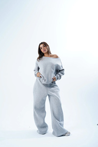 Custom Logo Poly-Cotton Blend Off-shoulder Sweatshirt Windproof <b>Set</b> <b>Embroidery</b> Casual Loungewear Tracksuit for Women - Product Image 3