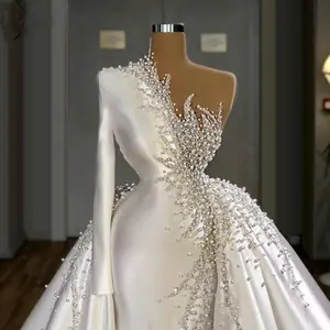 Luxury <strong>Pearls</strong> Mermaid Wedding <strong>Dresses</strong> <strong>with</strong> Overskirt V Neck Long Sleeve Bridal Gowns Elegant Robes De Mariage - Product Image 2