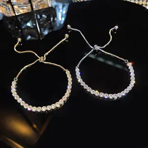 Hot Sales Lady Jewelry Brass Bracelets Trendy Bling Bling Full CZ Stone Adjustable Box Chain Bracelet For Watch Women