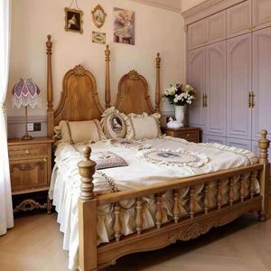 Cama de Madera Maciza de Estilo Retro con Postes de Madera Tallada Cama doble estilo rústico para dormitorio principal. - Product Image 3