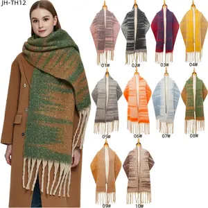 Feel Acrylic Scarf Pashmina Blanket Shawls Women Stripes Scarf with Fringe Circle Yarn European Winter Warm Oblong Cashmere Long