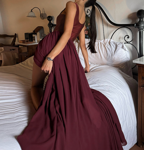 Robes décontractées pour femmes Viviblook D26DS024, robes de soirée maxi sexy à col carré sans manches, patchwork en mousseline de soie, fente latérale - Product Image 2