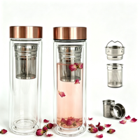 Bouteille d'eau en verre à double paroi, gobelet en verre borosilicate avec couvercle en acier inoxydable rose doré, résistant à la chaleur pour une beauté saine
