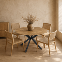 Table à manger ronde élégante, plateau en bois de caoutchouc massif, support en métal noir, couleurs et matériaux en option, professionnel