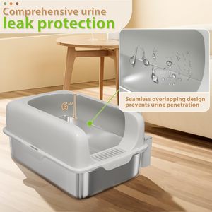 PAIPET Bac à litière pour chat en acier inoxydable avec capot, côtés hauts, système de récupération de litière, support pour pelle, pour chats de grande taille, facile à nettoyer - Product Image 6