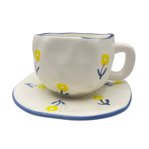 Classic Retro Ins <b>Flower</b> Pink Porcelain Reusable Tea Cup Saucer Set Hand-Kneaded Asymmetrical Dessert Plate Mug for Cafe Coffee - Product Image 6