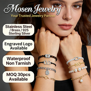 Joyería Mosen, Pulsera Personalizada <span class=keywords><strong>de</strong></span> Acero Inoxidable, Pulsera <span class=keywords><strong>de</strong></span> Cadena <span class=keywords><strong>de</strong></span> Cuerda Trenzada con Letra y Perla, Fabricante <span class=keywords><strong>de</strong></span> Joyería - Product Image 1