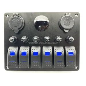 USB Charging 6 Gang Rocker Control Switch Panel With Overload Protector 12V 6 Gang Switch Panel On/off LED Car Light Switch
