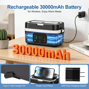 กล่องข้าวไฟฟ้าพกพาไร้สาย แบตเตอรี่ 8000mAh ความร้อนเร็ว 60W ปรับอุณหภูมิได้ 6 ระดับ ความจุ 1 ลิตร ช่องเสียบ USB-C สำหรับอุ่นอาหาร - Product Image 4