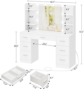 Tocador <span class=keywords><strong>de</strong></span> Maquillaje Grande, Escritorio <span class=keywords><strong>de</strong></span> Tocador <span class=keywords><strong>de</strong></span> 42.1" con <span class=keywords><strong>Espejo</strong></span> y Luces, <span class=keywords><strong>Mesa</strong></span> <span class=keywords><strong>de</strong></span> Maquillaje con 7 Cajones - Product Image 3