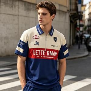 Polo demi-zippé OEM ODM en gros, personnalisé avec logo en caoutchouc imprimé, colorblock, chemise de sport tendance pour club, course, usage quotidien et décontracté - Product Image 4