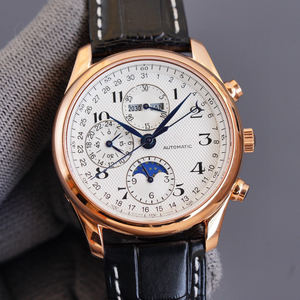 Montre Master à huit aiguilles avec phases lunaires, acier inoxydable 316, cadran de 40 mm, bracelet en cuir, résistante à l'eau jusqu'à 30 m - Product Image 1