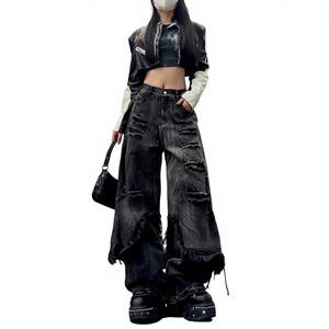 Quần <span class=keywords><strong>jean</strong></span> hai mảnh kiểu Mỹ vừa rộng vừa thoải mái dành cho nam nữ Quần <span class=keywords><strong>jean</strong></span> nam nữ Hiphop Hip Hop Roughedge Quần áo bảo hộ lao động Quần ống rộng - Product Image 1