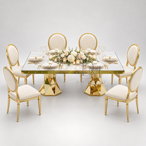 Luxury <b>Gold</b> Stainless Steel Rectangular Dining <b>Table</b> Double Faceted Pedestal Base for Wedding Banquet Project Supply - Product Image 2