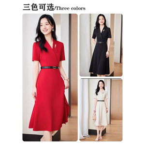 Suit Dress 2024 Autumn Women Elegant Slim Fit Mid Length V Neck Sheath Formal Occasion Solid Color Polyester Dress - Product Image 5