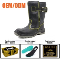 Botas de Seguridad de Cuero Vacuno Negro para Hombre, 12 Pulgadas, OEM, con Puntera de Acero Antipinchazos, Suela de PU Antideslizante y Resistente al Aceite, Sin Cordones