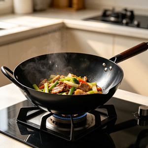 Wok de Acero al Carbono Nitrurado sin Recubrimiento de 28/30/32/34cm, Fabricación OEM/ODM, Utensilio de Cocina con Tapa de Vidrio y Mango de Madera - Product Image 1
