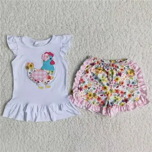Roupas de bebê, verão meninas roupas de flutter manga de frango branco top e rosa shorts floral menina roupa infantil charmoso 2 peças roupas para meninas