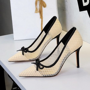 New Spring Autumn <b>Women</b> Pumps Pointed Toe Thin Heel Sweet Mesh Shoes Elegant Bow-knot Shallow <b>Slip</b>-on High Heels - Product Image 2