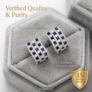 Pendientes de Aro Anchos de Lujo con Zafiro Azul Real, Oro Blanco Sólido de 18K, Diamantes Pavé con Corte Princesa, Joyería Fina, MOQ 1 ud. - Product Image 3
